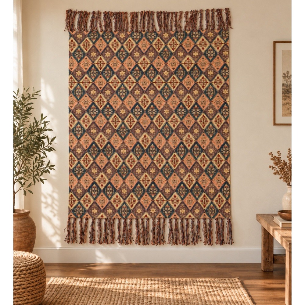 Vintage Boho Tapestry Wall Hanging 48x57 Fringe Beaded Southwestern Decor